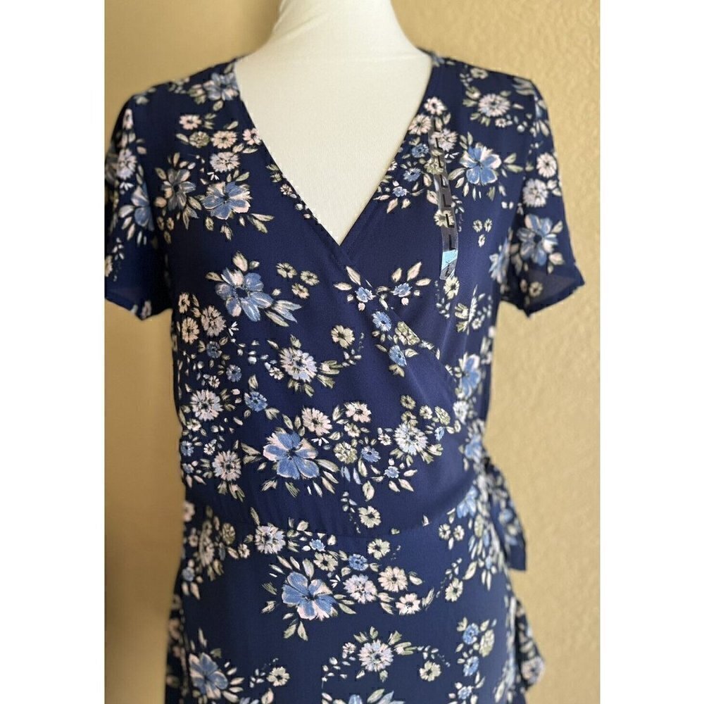 Maison Jules Women's Navy Blue Floral Print Mini Wrap Dress Size L